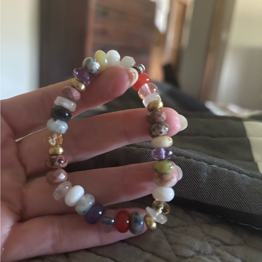 True Gemstone Stretch Bracelet - Earth Tones- Brass spacer bead Approx 7 inches